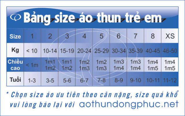 Bảng size áo thun đồng phục trẻ em Bảng size áo thun đồng phục trẻ em Cách chọn size áo đồng phục cấp 1 - cấp 2 Hướng dẫn chọn size áo thun đồng phục lớp - trường tiểu học và trung học phổ thông