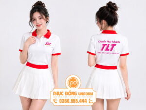 Đồng phục chuyển phát nhanh TLT Express áo thun polo trắng phối đỏ mặt trước và mặt sau