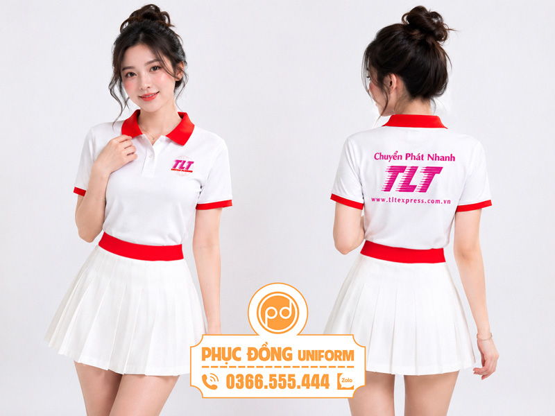 Đồng phục chuyển phát nhanh TLT Express áo thun polo trắng phối đỏ mặt trước và mặt sau