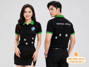 Người mẫu nam và nữ mặc áo đồng phục đoàn thanh niên polo đen cổ xanh BR-VT tỉnh Bà Rịa Vũng Tàu chụp studio chuyên nghiệp