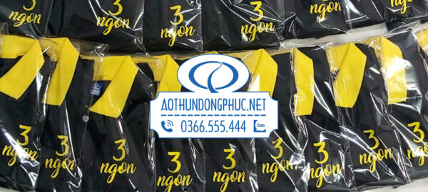 Mẫu áo thun đồng phục đẹp màu đen cổ vàng in logo 3 ngon sản xuất số lượng lớn