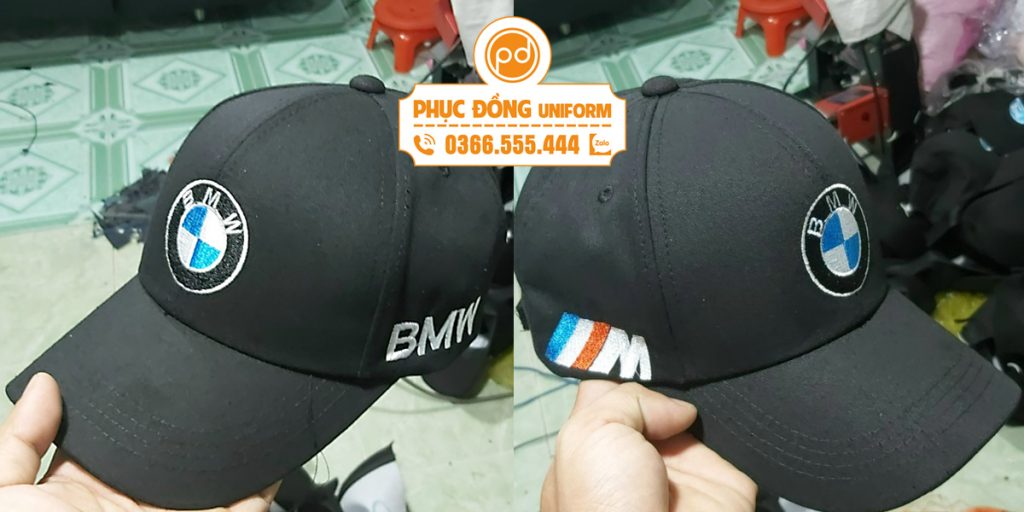 Nón lưỡi trai 6 múi thêu logo BMW sẽ đẹp hơn thêu logo trên nón lưỡi trai 5 múi
