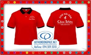 Áo đồng phục hải sản Chim Vườn. Áo thun chợ hải sản cổ bẻ màu đỏ bo đen