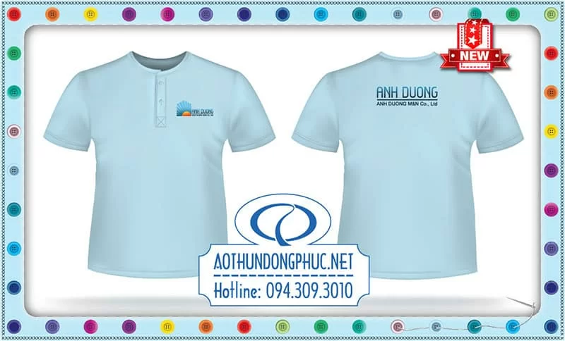 Áo thun cổ tròn cài nút, có nút 2 khuy trước ngực áo. Mẫu áo thun cổ tròn xẻ trụ May áo thun đồng phục cổ tròn xẻ trụ In đồng phục áo thun cổ tròn xẻ trụ Gia công áo đồng phục thun cổ tròn xẻ trụ