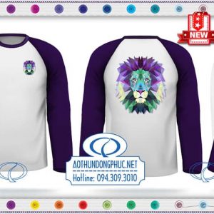 Áo thun đồng phục raglan cổ tròn tay dài. Mẫu áo thun đồng phục raglan thân trắng phối tím. In kĩ thuật số áo thun raglan tay dài đồng phục. May áo thun raglan cổ tròn đồng phục giá rẻ - chất lượng.