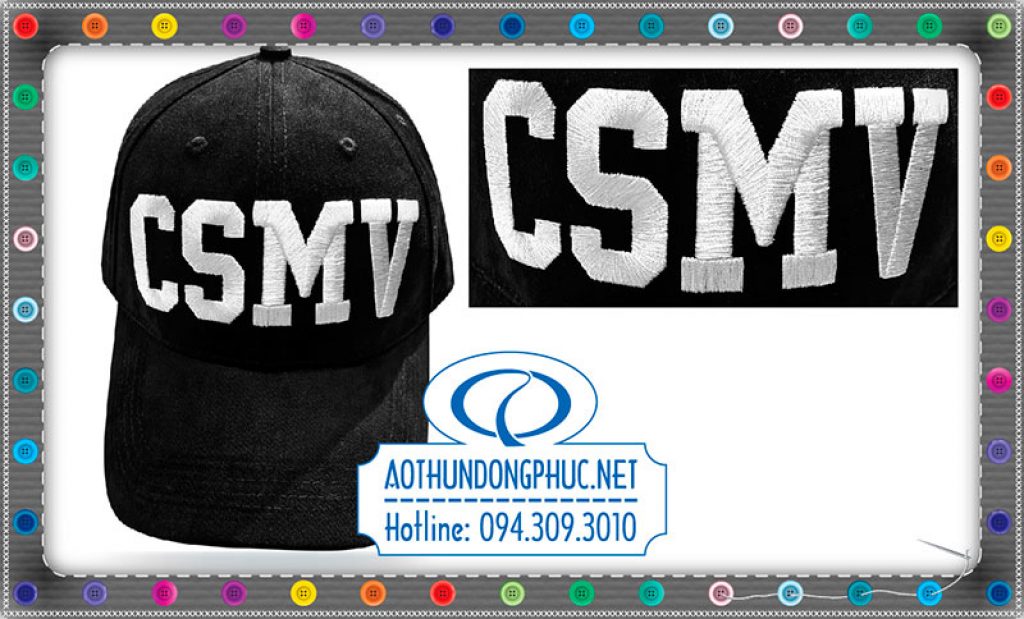Thêu logo 3D, may mũ nón kết, mũ lưỡi trai đồng phục CSMV, nón lưỡi trai vải kaki nhung màu đen thêu logo 3D theo yêu cầu tại TpHCM.